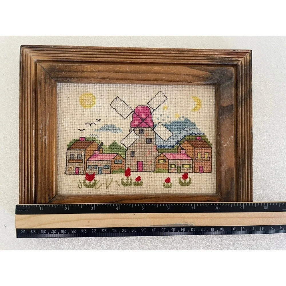 Windmill Houses Flowers Cross Stitch Finished Framed 9.5x7.5